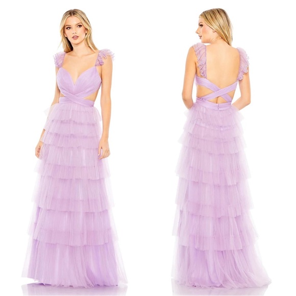 Mac Duggal 50670 Ruffle Tiered Tulle Cut Out Gown Size 4 NWT Lilac